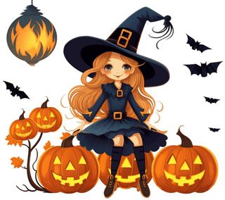 万圣节女巫蝙蝠南瓜卡通插画免抠