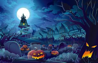卡通万圣节城堡林木蓝色背景