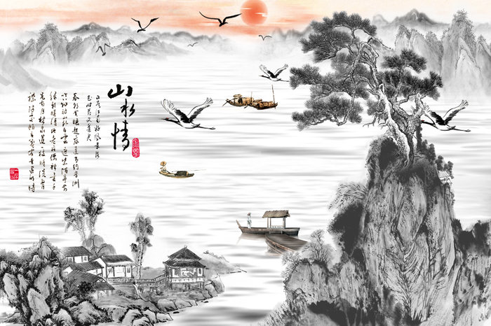 山水花鸟鸿运当头一帆风顺流水生财源远流长装饰画psd模版下载