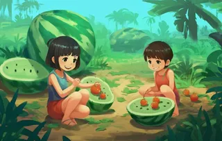 土地上吃西瓜的少年背景