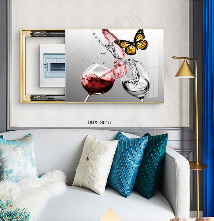 大气时尚家居室内装饰场景客厅沙发电表箱壁画背景图背景酒杯蝴蝶