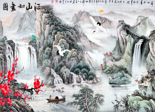 中国风山水花鸟高山流水梅花丹顶鹤帆船客厅卧室走廊装饰画玄关画壁画图画