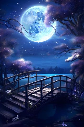 夜晚星空森林小桥花朵背景