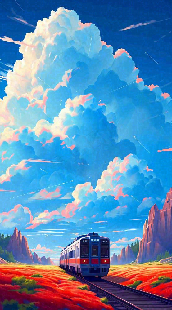 蓝天白云交通高铁铁路火车，草坪鲜花彩色插画(816x1472)