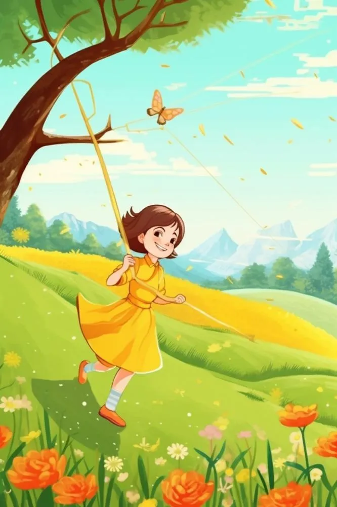 草地放风筝女孩插画背景(896x1344)