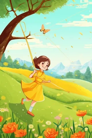 草地放风筝女孩插画背景