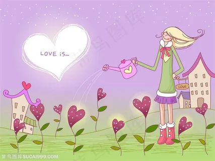 手绘浪漫情人节心形拿着水壶浇水的女孩