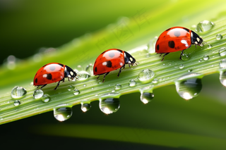 清晨绿草飘虫露珠摄影图