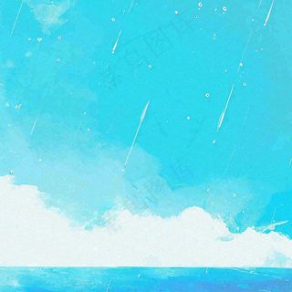 夏天海边蓝天白云水彩画
