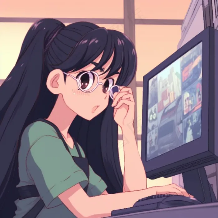 动漫女电脑前的少女头像插画素材背景(1024x1024)