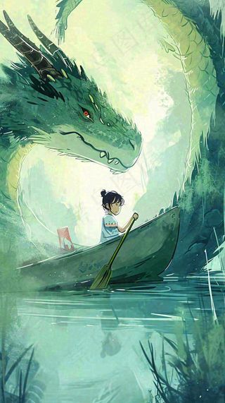 古风河面龙传统手绘插画，中国风漫画