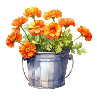 铁桶橘色小花插画免抠