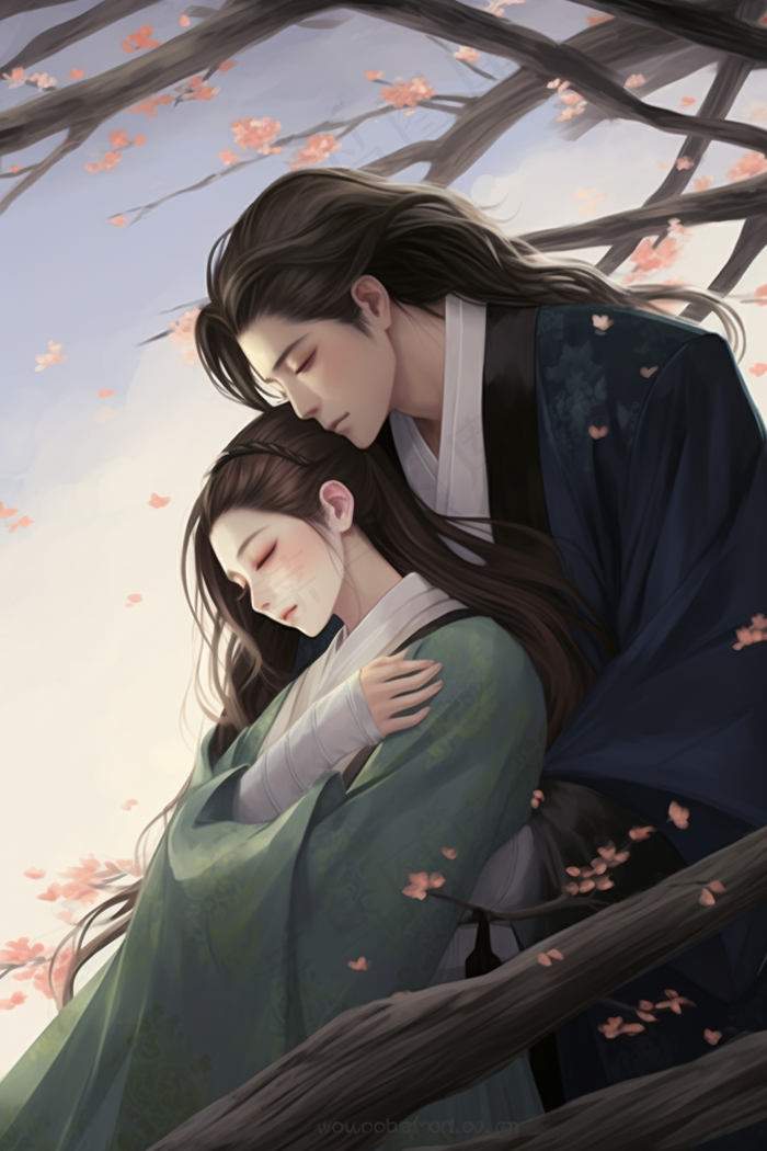古风情侣花树下拥抱浪漫氛围插画素材(x)