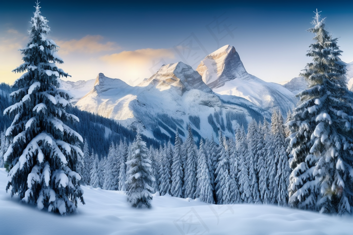 冬季雪山森林雾凇朝阳摄影图