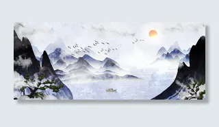 美丽湖水大燕风景画PSD素材