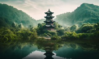 宝塔坐落在郁郁葱葱的绿色山上水中有好听的 倒影摄影图