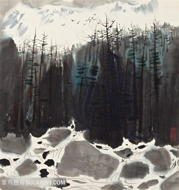 吴冠中手绘水墨水彩树林风景画