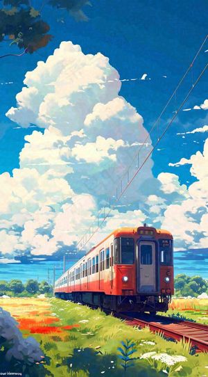 蓝天白云交通高铁铁路火车，草坪鲜花彩色插画