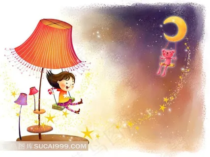 在台灯月亮上荡秋千的小女孩小猫插画素材 在台灯月亮上荡秋千的小女孩小猫插画素材
