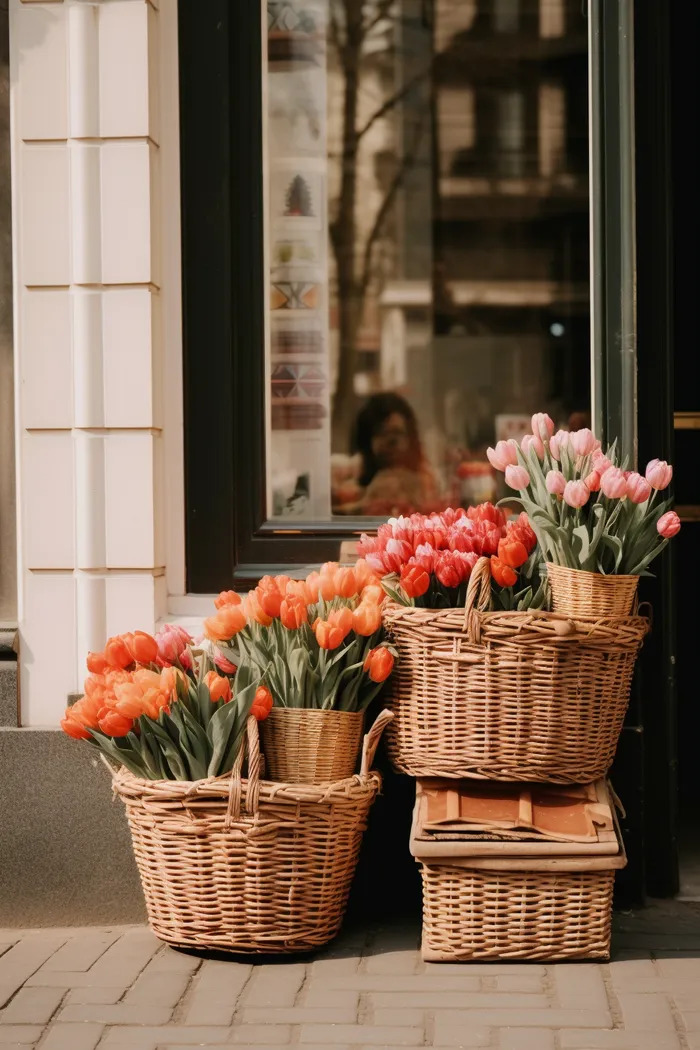 街道商店门口的花篮郁金香鲜花摄影图