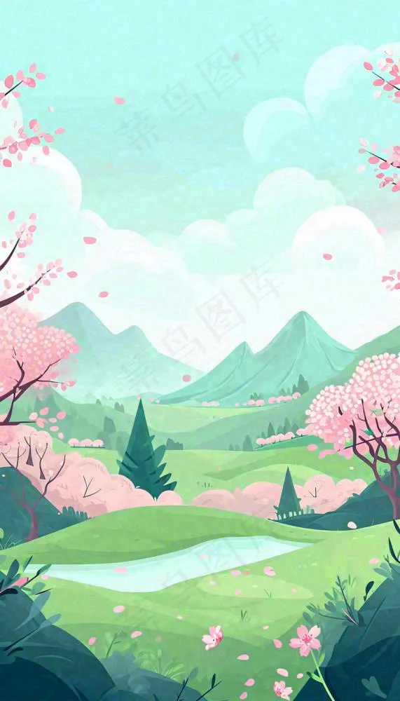 春天卡通手绘绿色的山景和开满粉红色画的树，春游，踏青，春分(832x1456)