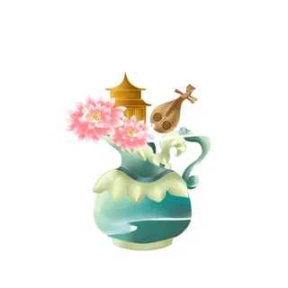 时尚微景观山水装饰庭院祥云中式国潮风插图插画元素素材设计模板