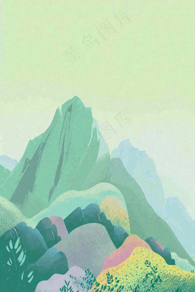 青绿山脉树木小草扁平插画手绘(896x1344)