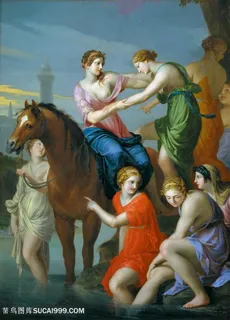 穿过台伯河骑马油画风景画