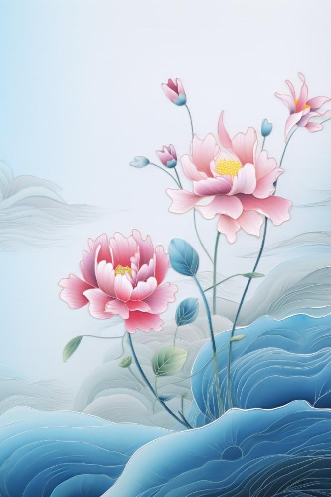 简约大气粉色鲜花蓝色水背景