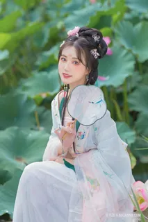 甜美高清古装古风坐在荷花池旁的美女写真摄影图片