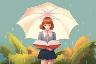 下雨天打伞的少女捧着书本绿植卡通插画素材