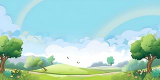 春天蓝天白云彩虹树林草坪手绘插画风景海报素材背景