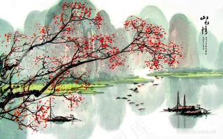 湖畔山脉水墨风景画