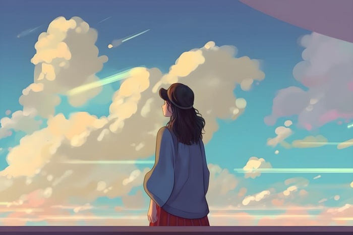 天空彩虹白云毕业的女孩插画背景