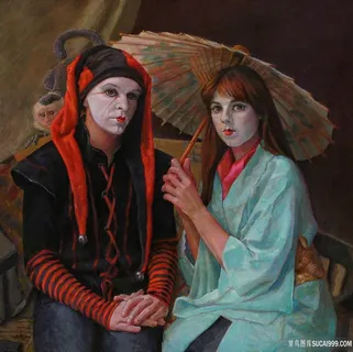 拿着伞的化妆人物油画 拿着伞的化妆人物油画