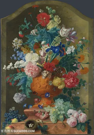 高清瓶中花葡萄水果油画图片