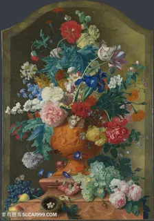 高清瓶中花葡萄水果油画图片 高清瓶中花葡萄水果油画图片