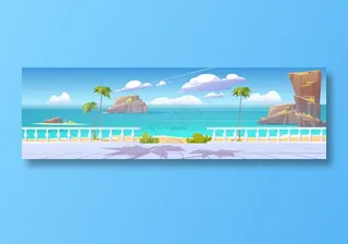 夏天海报蓝色海滩风景矢量插画治愈风格