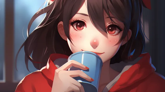 动漫插画红衣女孩握杯子喝水背景