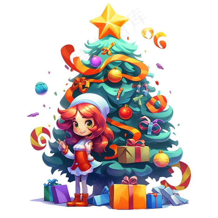 圣诞树装饰礼物小孩儿童节日卡通插画免抠