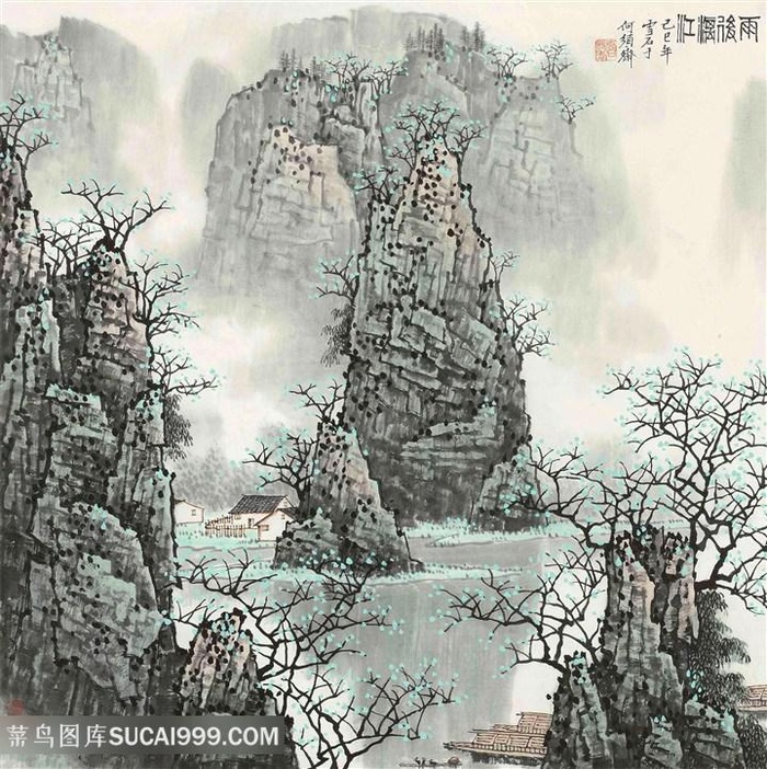 白雪石水墨山脉高清美景装饰画