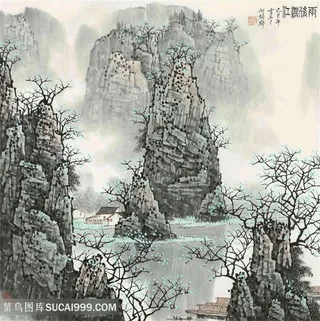 白雪石水墨山脉高清美景装饰画