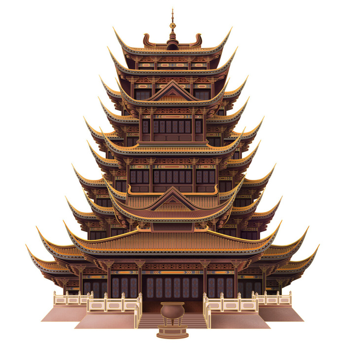 复古中国风国潮古建筑插画手绘高楼古塔PSD素材亭子png免抠图psd模版下载