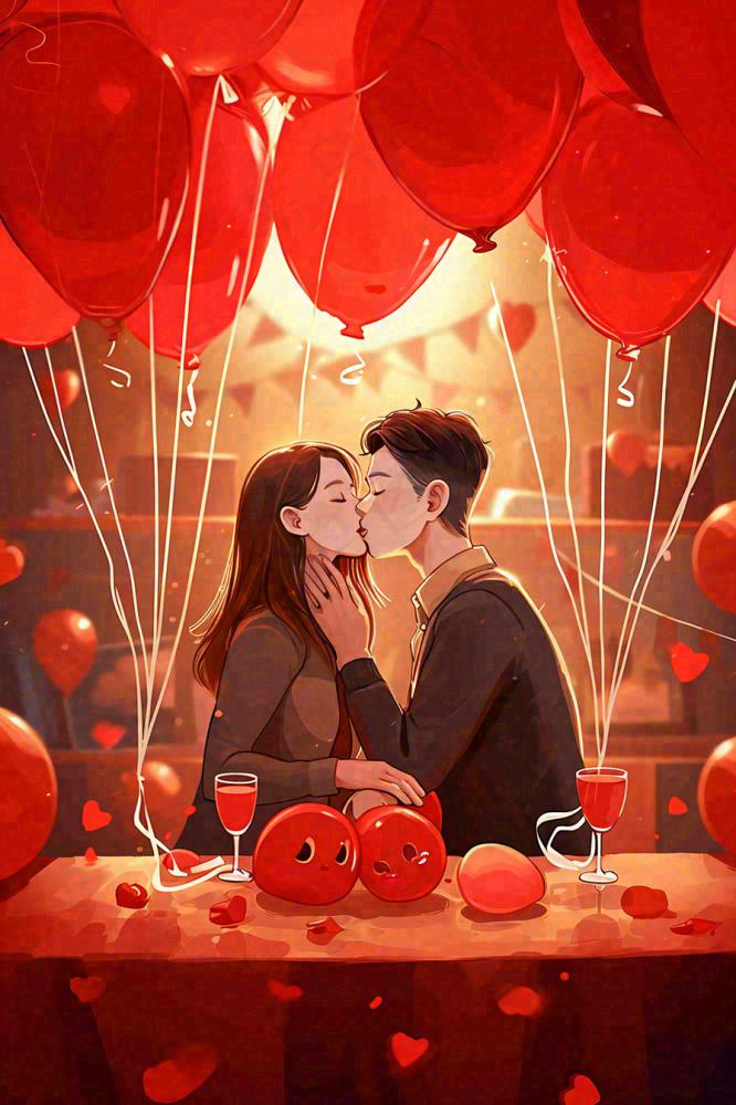 情人节爱心浪漫情侣晚餐生日蛋糕插画手绘