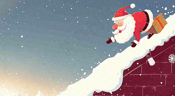 冬天圣诞老人屋顶带礼物，雪花雪屋，圣诞节卡通扁平插画(1488x816)
