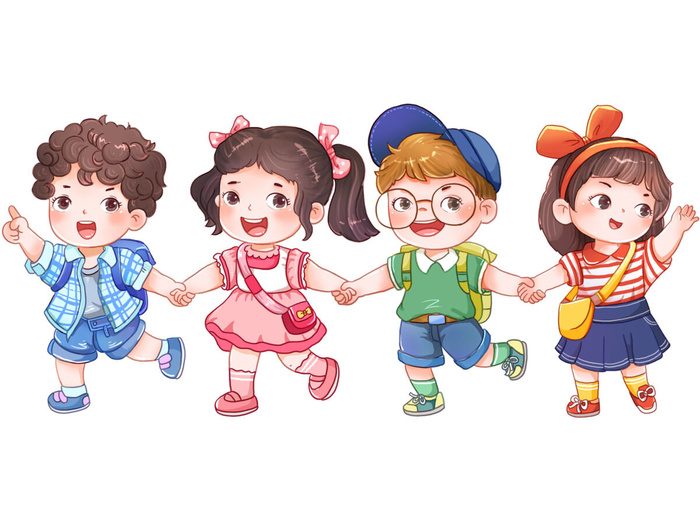 开学季同学们手拉手一起去上学插画