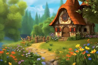 森林里的小房子门前花丛草地石子路卡通插画素材背景