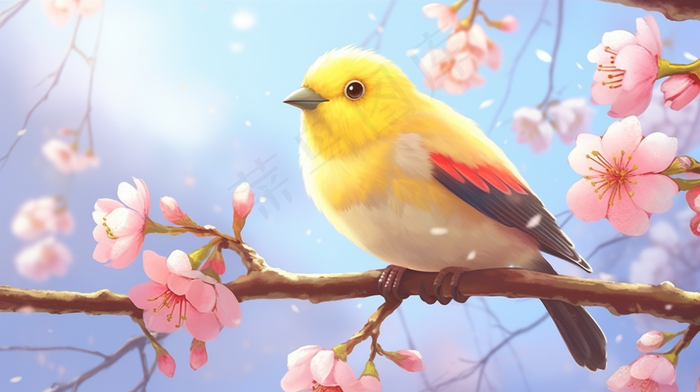 冬季梅花桃花上的小鸟插画素材