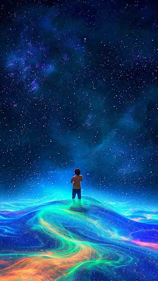 夜晚天空科幻绚丽星空下的人，暗黑天蓝