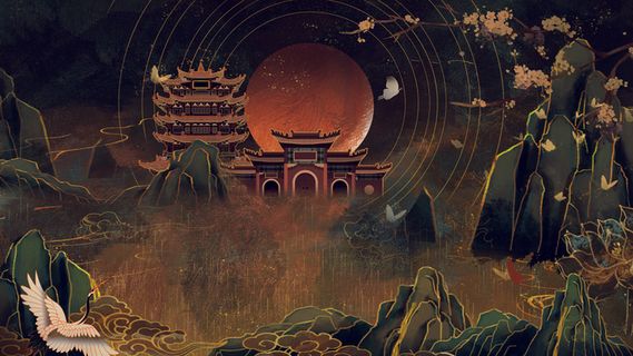 国潮中国风复古敦煌岩彩山水祥云插画烫金肌理背景PSD设计素材